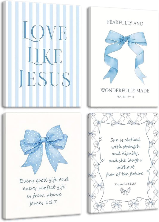 Light Blue Bow Christian Wall Art for Girls Dorm – Coquette Aesthetic Scripture Canvas Prints, Christian Wall Decor for Teen Room, or Bathroom – Framed Cute Spiritual Decor 12x16 inch