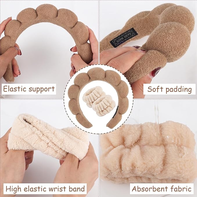 Zkptops Spa Headband for Washing Face Wristband Set Sponge Makeup Skincare Terry Cloth Bubble Soft Get Ready Hairband for Women Girl Puffy Padded Headwear Non Slip Thick Hair Accessory(Brown-2)