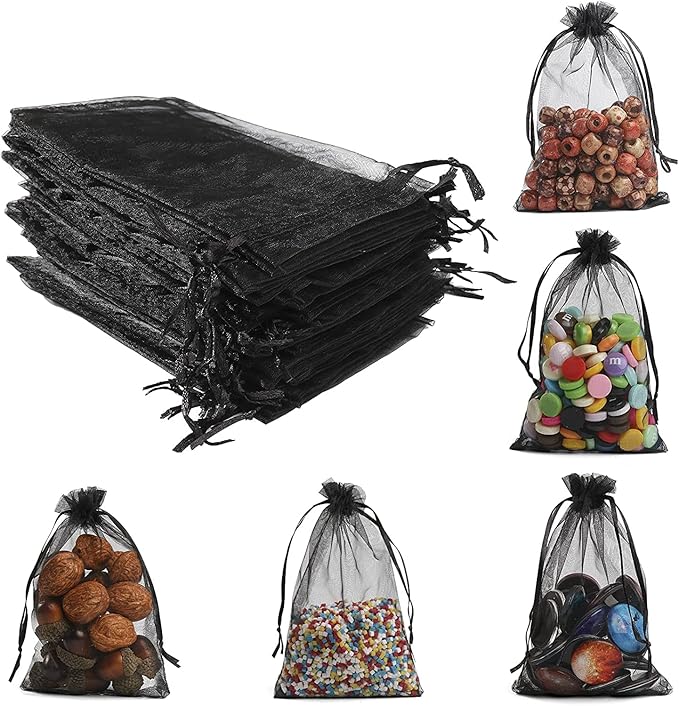 ANZNKU 50PCS Black Organza Bags, Gift Bags Small Size, Sheer Organza Bag 5x7 Inch for Halloween, Mesh Candy Bag, Small Mesh Pouches with Drawstring for Party Wedding Favor