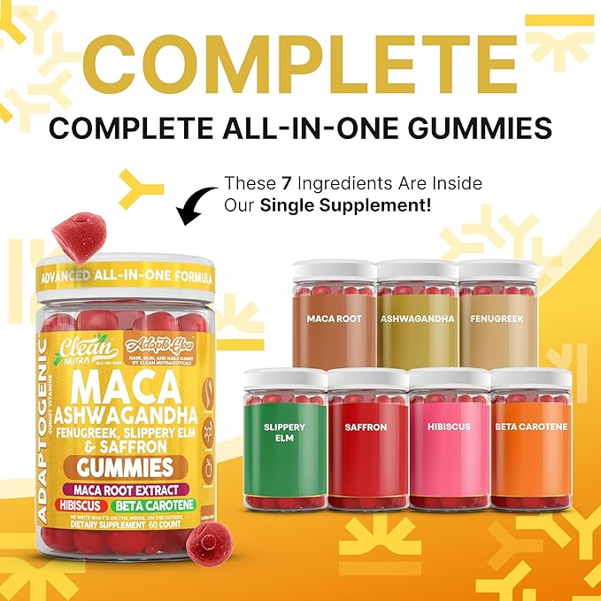 Clean Nutra Maca Root Gummies Ashwagandha Fenugreek Slippery Elm Saffron Hibiscus Beta Carotene Vitamin A for Women Macaroot Extract 60 Gummies Vegan Adaptogen Supplement Gummy Non GMO