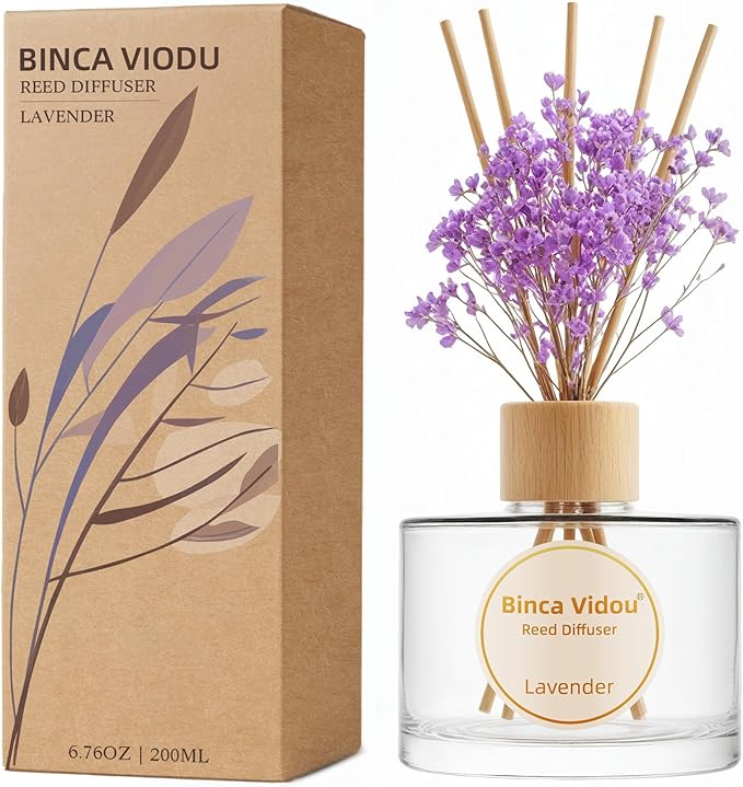 Reed Diffuser Set, Binca Vidou Lavender Natural Scent Oil Diffusers with Sticks for Home Office Bathroom Aromatherapy Decor 6.76oz(200ml)