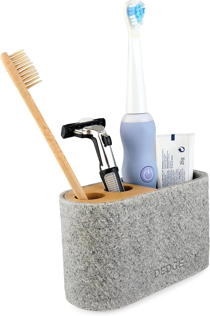 Dedge 3 Slots Bamboo Toothbrush Holder Electric Toothbrush Holder and Toothpaste Holder for Bathroom Countertop Accessories Storage,Toothbrush Holders for Bathrooms, Gray Sandstone Style Organizer