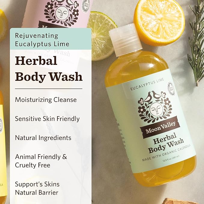 Herbal Body Wash, Eucalyptus Lime by Moon Valley, All Natural Ingredients, No Parabens, Vegan, Moisturizing Essential Oils, Two Pack
