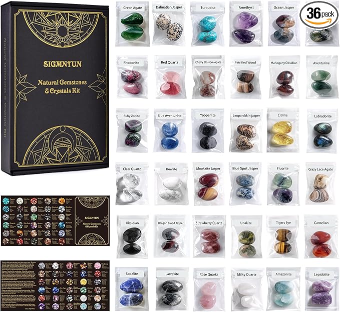 Polished Healing Crystal Stones Set – 36 Different Natural Gemstone Types, 2.5 lbs of 0.8" Tumbled Decorative Rocks for Chakra, Meditation, Reiki, Energy Work, Crafts, Gifts