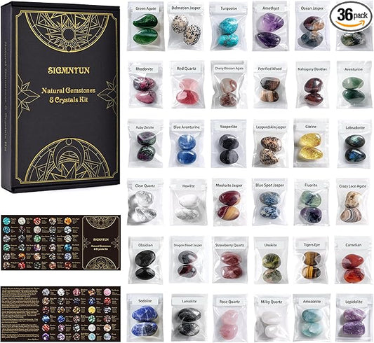 Polished Healing Crystal Stones Set – 36 Different Natural Gemstone Types, 2.5 lbs of 0.8" Tumbled Decorative Rocks for Chakra, Meditation, Reiki, Energy Work, Crafts, Gifts