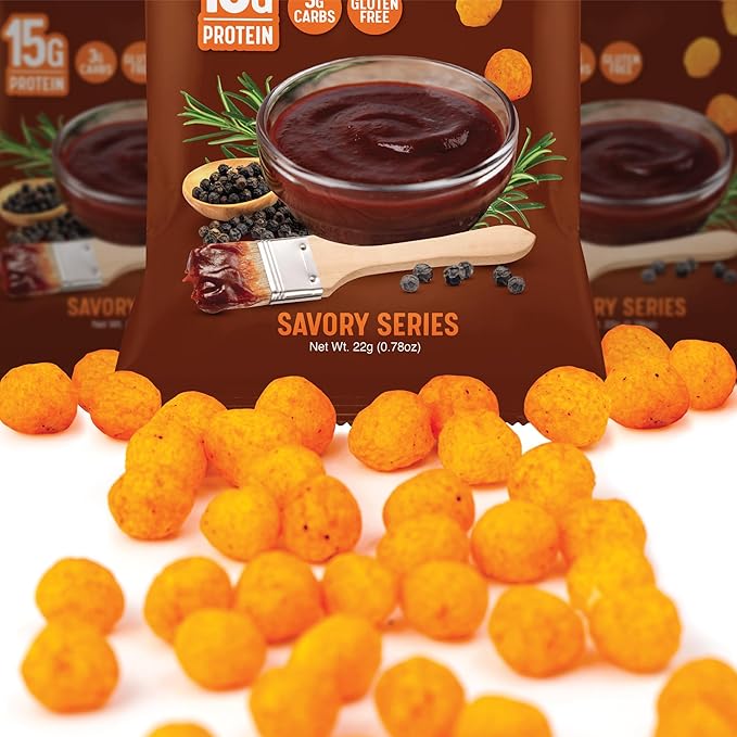 Carolina BBQ High Protein Puffs - Low Carb Snacks, 15g of Protein, Healthy Gluten & Grain Free Snack Food - Low Calorie Guilt Free Keto Diet Friendly | 1g Sugar - Carolina BBQ Flavor - 8 Pack