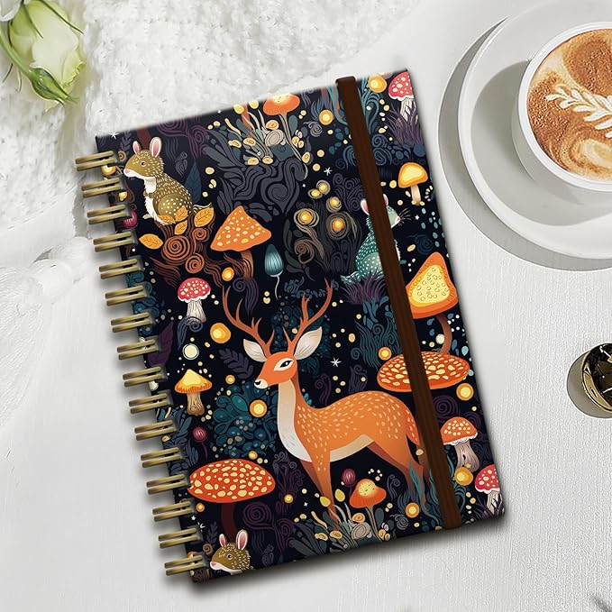 Cute Spiral Notebook, Journal for Women, Hardcover Spiral Journal, 5.5 x 8.3 Inches, 120 Pages,100gsm Paper, for Gifts Nurse Teacher Women Office Supplies(Cute Mushroom deer)
