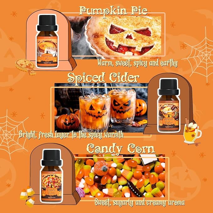 Halloween Fragrance Oils Set, ARVIDSSON Fall Essential Oils for Diffuser - Pumpkin Pie, Spiced Cider, Caramel Apple, Candy Corn, Snickerdoodle, Spooky Spices, Autumn Scented Oil Gift for Women