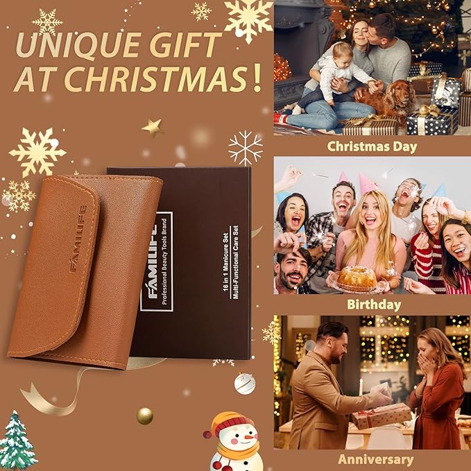 FAMILIFE Gifts for Men, Manicure Set Clippers Manicure Kit Nail Clipper Sets 16pcs Mens Grooming Kits Professional Stainless Steel Nail Kit Brown Leather Case Travel Kits