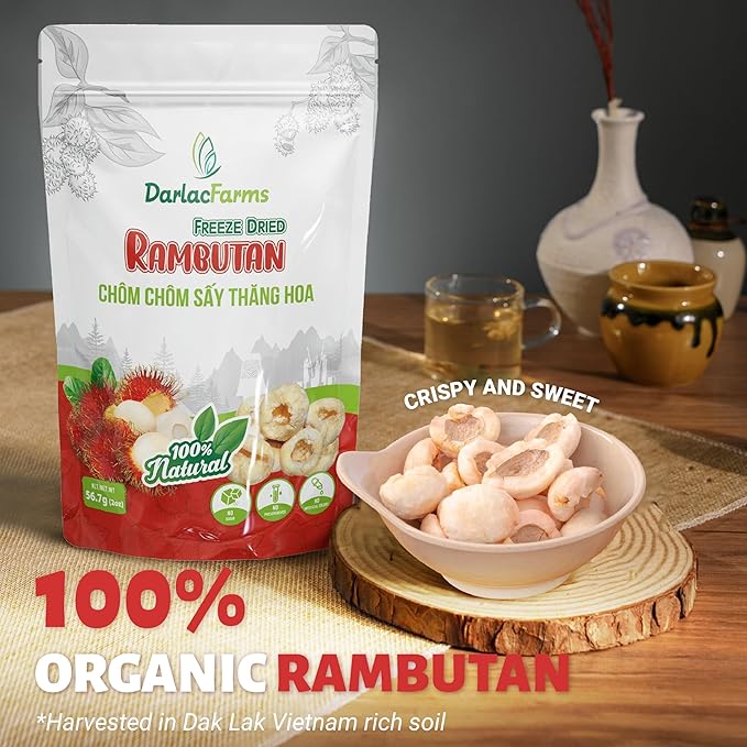 DARLAC FARMS Freeze Dried Rambutan Bites, Pack 6, No Sugar Added, Healthy Fruit Snacks for Kids, Adults & All Ages, Premium Organic Crispy Crunchy Snacks, Tea, Baking, Smoothie, Yogurt, 2 Oz