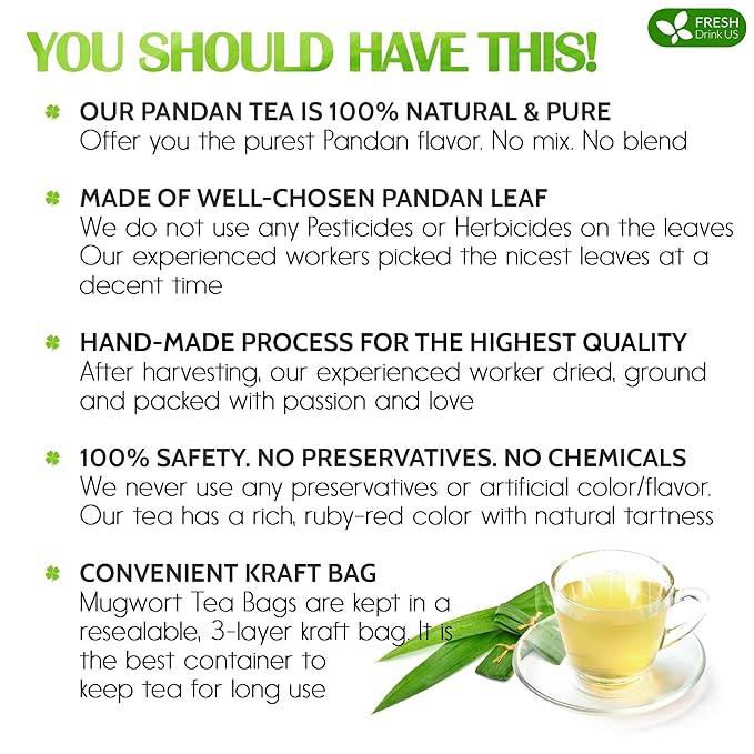FreshDrinkUS, Premium 55 Pandan Leaf Tea Bags, 100% Natural & Pure from Pandan Leaves. Loose Leaf Pandan Herbal Tea. Made with Natural Material Tea Bags. No Sugar, No Caffeine, No Gluten, Vegan.
