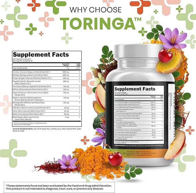 Clean Nutraceuticals Turmeric Moringa Supplement | Ginger Boswellia Saffron - Supplement for Women and Men with Ceylon Cinnamon, Tart Cherry, Quercetin Garlic Nettle Holy Basil - 1Pack
