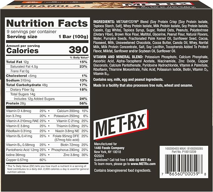 MET-Rx Big 100 Granola Protein Bar, Meal Replacement Bar, 32G Protein,Peanut Butter Chocolate Chip, Pack of 9
