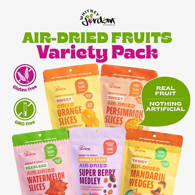 Whitney Jordan Naturals Air-Dried Fruit Variety Pack | Dried Fruit Snack with Watermelon, Persimmon, Orange, Super Berry Medley & Mandarin | No Sugar Added, Gluten-Free, Vegan | 2 Oz, Pack of 10