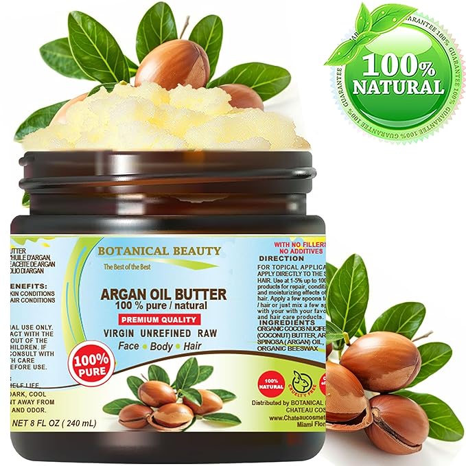 Botanical Beauty ARGAN OIL BUTTER RAW 100% Pure Natural VIRGIN UNREFINED Cold-Pressed for Face, Skin, Body, Hair, Lip, Nails. Rich in Vitamin E (8 Fl Oz)