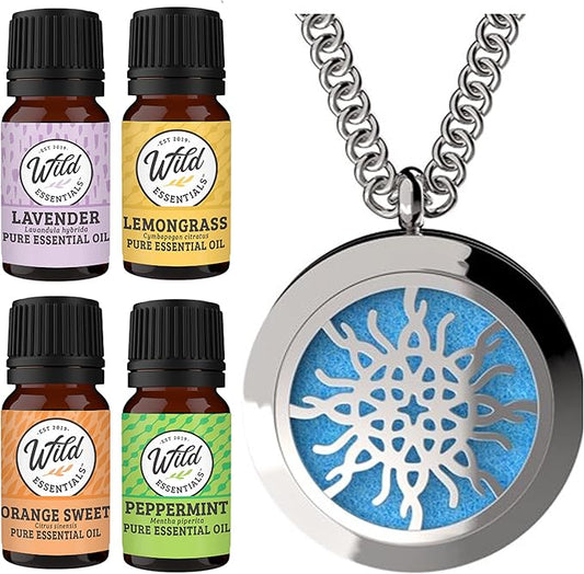 Wild Essentials Love Knot Necklace Essential Oil Diffuser Kit with Lavender, Lemongrass, Peppermint, Orange Oils, 12 Refill Pads, Calming Aromatherapy Gift Set, Customizable Color Changing, Perfume