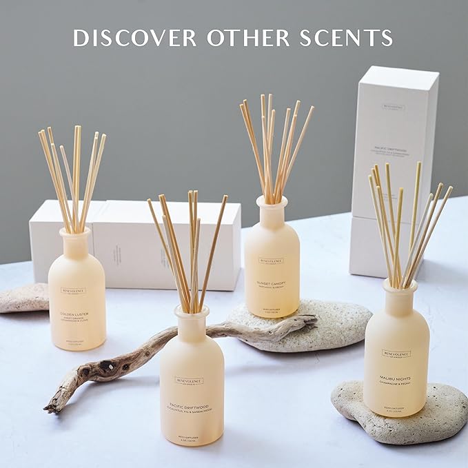 Benevolence LA Reed Diffuser for Home | Patchouli & Ebony | Elegant Home & Bathroom Decor | Long-Lasting Oil Diffuser Sticks | Malibu Sands Collection