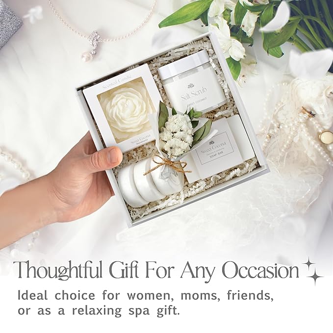 Sweet Coconut Small Spa Gift Set for Women – Relaxation Gift Basket with Candle, Soap, Salt Scrub & Shower Steamers – Unique Birthday, Bridal Shower, Thank You & Self Care Gifts