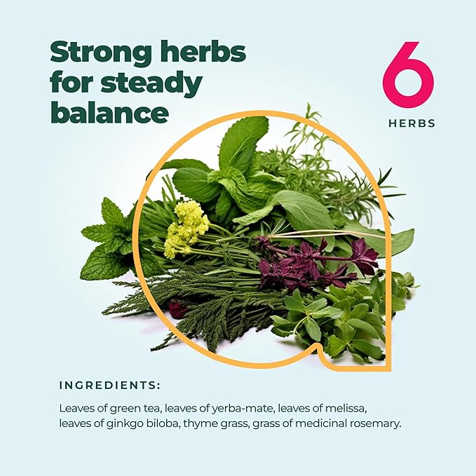 AprikaLife - Focus and Concentration Herbal Tea 100% Natural Herbal Tea Created by Herbalists - Yerba-Mate, Lemon Balm, Ginko Biloba, Thyme, Rosemary. Improves Attention & Energy – 60 Bags