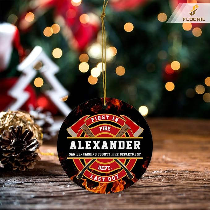 FLOCHIL Personalized Firefighter Ornaments, Custom Fireman Christmas Tree Ornaments with Name, Gifts for Men, Christmas