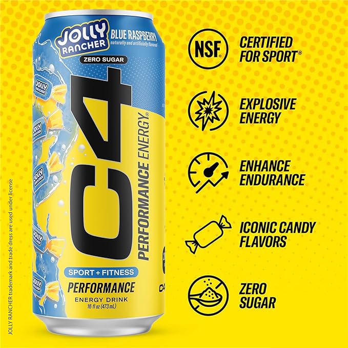 Cellucor C4 Performance Energy Drink | JOLLY RANCHER Blue Raspberry | Zero Sugar Carbonated Preworkout Energy | 200mg Caffeine with Beta Alanine | 16 Fl Oz (24 Pack)