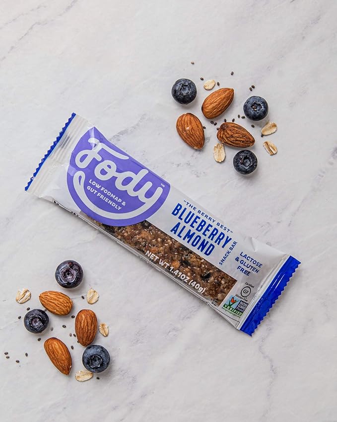 Fody Foods Snack Bars, Blueberry Almond, 1.41 Oz (Pack of 12), 3g Protein, Low FODMAP, Gut & IBS Friendly, Vegan, Lactose Free, Non-GMO, Gluten Free