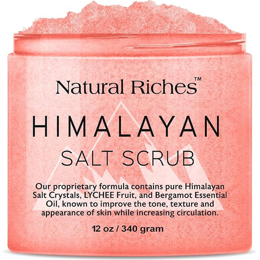 Natural Riches Himalayan Pink Salt Body Scrub, Exfoliating Salt Scrub for Women & Men, Deep Cleansing Body Exfoliant with Lychee & Bergamot Essential Oil – Natural Skin Polish for Smooth, Radiant Glow