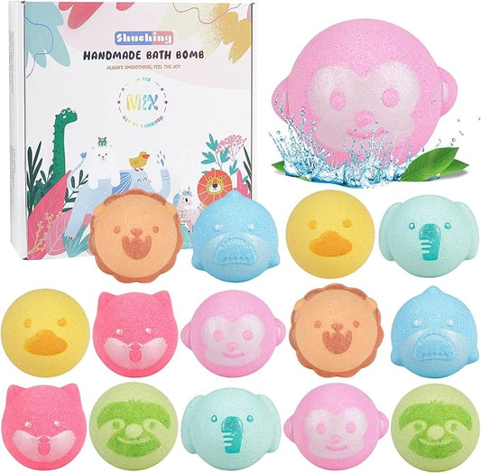 SHUCHING 14 Pcs Animal Bath Bombs with Surprise Inside, Natural and Organic Bubble Bath Fizzy Balls, Birthday Christmas Halloween Gifts Set
