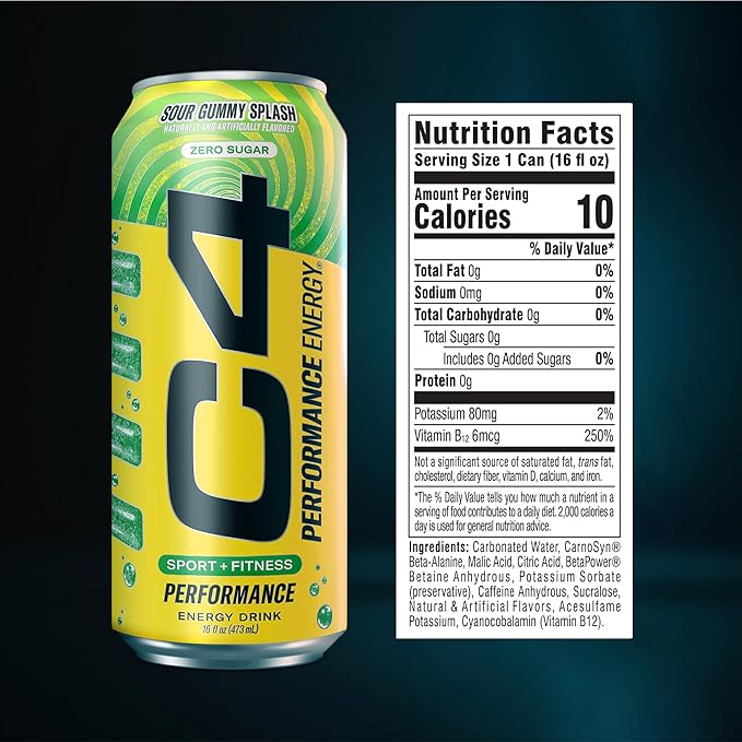 Cellucor C4 Energy Carbonated Zero Sugar Energy Drink, Pre Workout Drink + Beta Alanine, Sour Gummy Splash, 16 Fl Oz (Pack of 12)