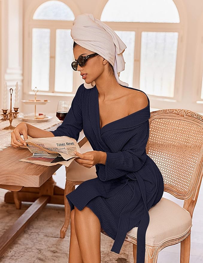 Ekouaer Robes for Women Waffle Knit Bathrobe Lightweight Kimono Robe Knee Length Loungewear with Pockets