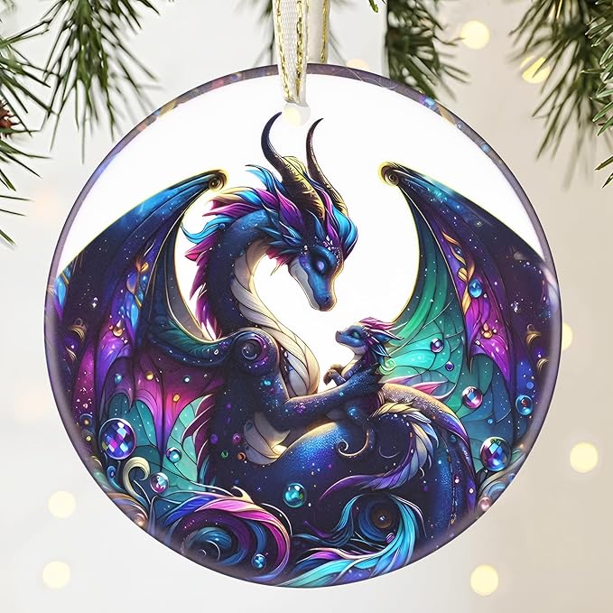 Dragon Ceramic Christmas Ornament, 3.5 Inch Hanging Decor for Tree, Gift Exchange Present