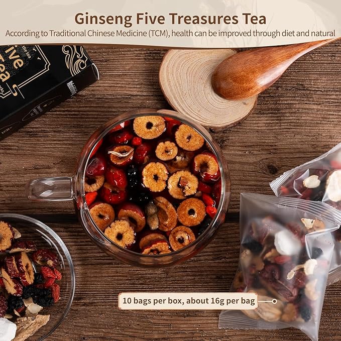 Ginseng Five Treasures Kidney Tea, Traditional Chinese Herbal TeaBags, Natural Organic Kidney Cleanse Detox Tea for Women & Men, 7 Precious Ingredients Formula(1 Pack/25 Bags)