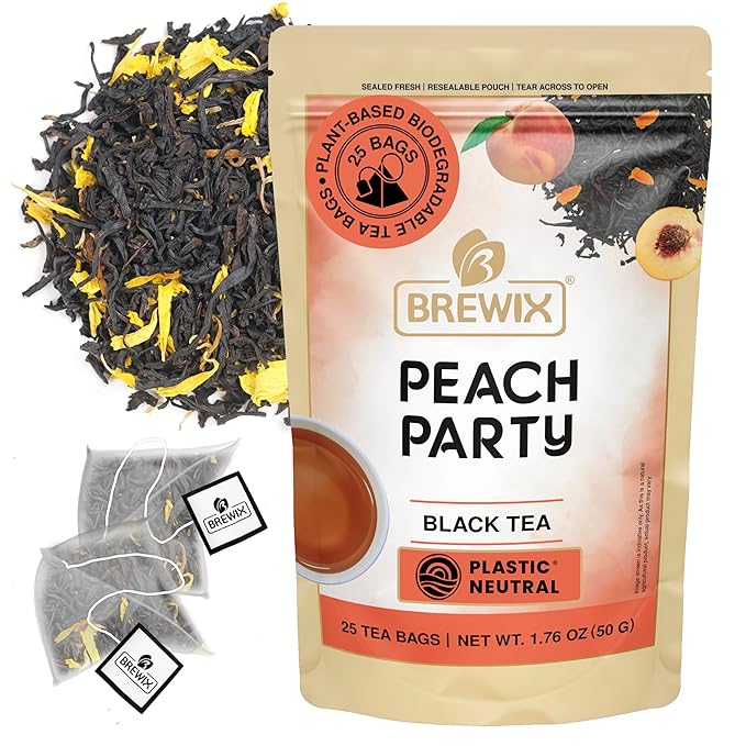 BREWIX, Peach Black Tea (25 Pyramid Bags) | Premium Black Tea with Peach | Floral & Refreshing | Iced or Hot | Caffeinated And Sugar-Free