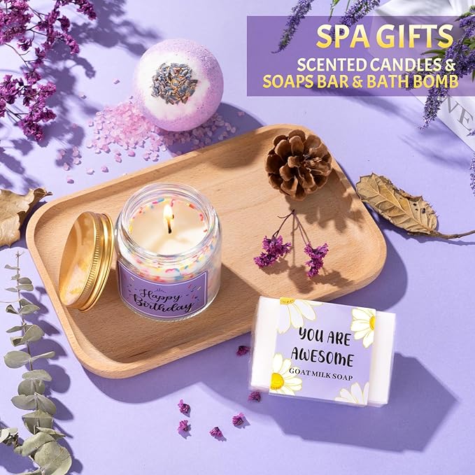 Birthday Gifts for Women, 12pcs Happy Birthday Gift Basket for Women Unique Gifts Set Ideas Relaxing Birthday Box w/ Blanket for Her Mom Best Friends Female Sister Her Friendship(Purple)