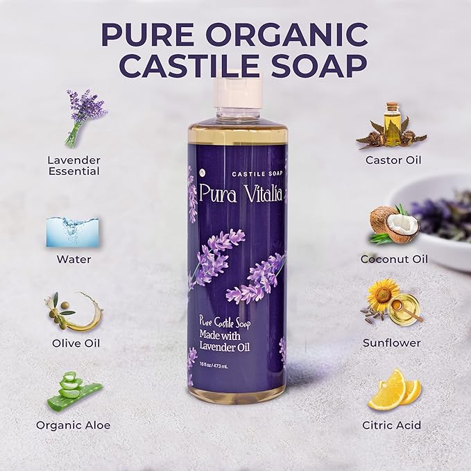 Lavender Organic Castile Soap | Body Wash & Cleanser for Face & Hands | Biodegradable, Eco-Friendly, Palm Oil Free, Vegan & Gentle | Made with 6 Natural Ingredients - 16 oz