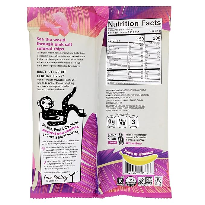 Barnana - Organic Plantain Chips, Himalayan Pink Salt, Healthy Snack Made With 100% Coconut Oil, Non-GMO, Potato Chip Alternative, Zero Sugar, Paleo, Grain-Free, USDA Organic, Vegan (2 oz, 6-Pack)