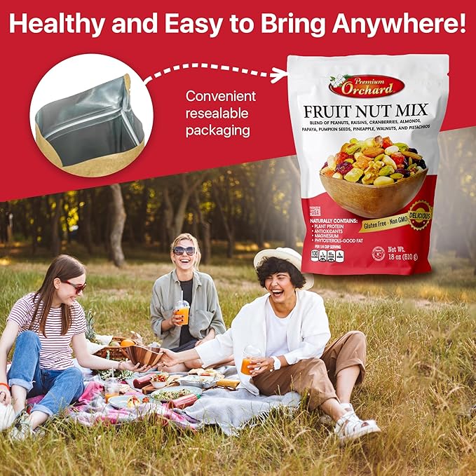 FRUIT NUT MIX TRAIL MIX by PREMIUM ORCHARD - Gourmet Trail Mix Bulk Blend of Mixed Nuts & Dried Fruit - Healthy Vegan Snacks, Snack Nut Mix, Plant Protein Source, Non-GMO, Natural - 18oz