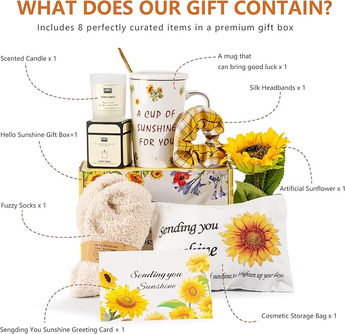 Birthday Gifts for Women, Self-Care Gift Box for Women - Sunshine & Sunflower Themed Relaxation Set, Encouragement Care Package for Best Friend (Birthday/Get Well/Thinking of You)