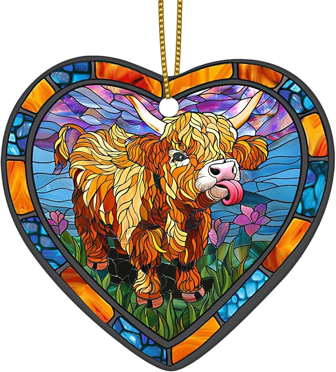 1pc 2 Side Printed Highland Cow Ceramic Ornament 2025, Heart-Shaped Christmas Tree, Cute Keepsake Decoration