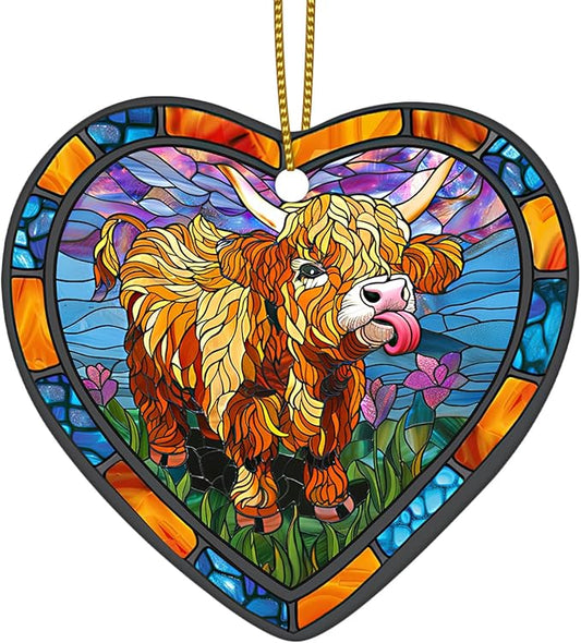 1pc 2 Side Printed Highland Cow Ceramic Ornament 2025, Heart-Shaped Christmas Tree, Cute Keepsake Decoration