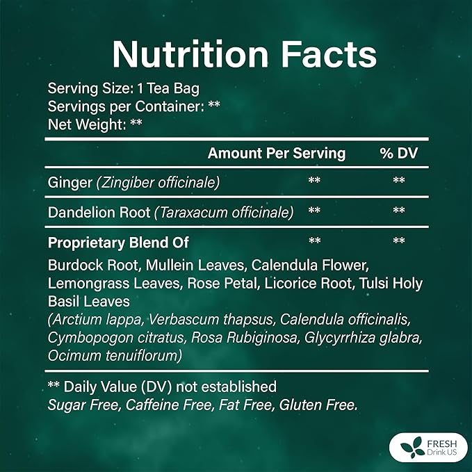 FreshDrinkUS, Lymphatic Drainage Tea | 30 Tea Bags | Herbal Tea Bags with Ginger, Dandelion Root, Burdock Root, Mullein, Calendula, Lemongrass, Rose, Licorice & Tulsi – Caffeine-Free Herbal Blend