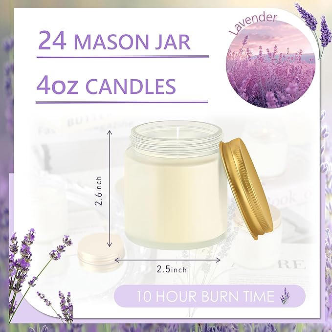 24 Pcs 4 Oz Mason Jar Candles, Lavender Scented Soy Candles Bulk Set for Stress Relief and Relaxation, Great Favors for Wedding, Christmas, Housewarming Gifts (Gold,Frosted Glass-Lavender, 24)