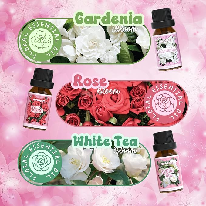 Floral Essential Oils Set, ARVIDSSON Natural Flower Fragrance Oil Gift for Women - Lavender, Jasmine, Cherry Blossom, Gardenia, White Tea, Rose Essential Oil for Diffuser & Candle Making