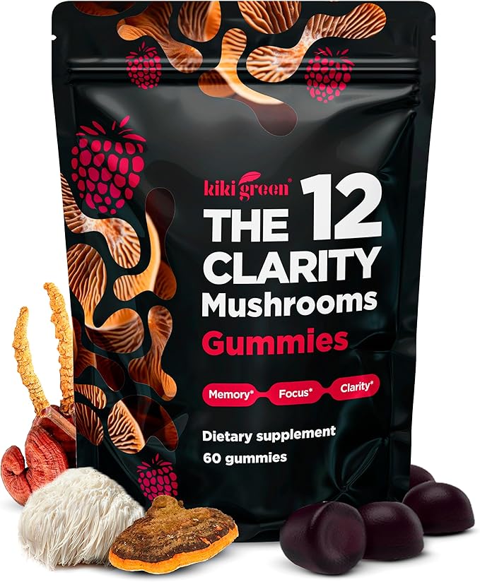 KIKI Green 12 Mushroom Supplement Gummies - Lion's Mane, Cordyceps, Chaga, Reishi, Turkey Tail & 7 More for Memory, Focus, Immunity - 60 Mushroom Gummies for Adults with Raspberry Flavor 10:1 Extract