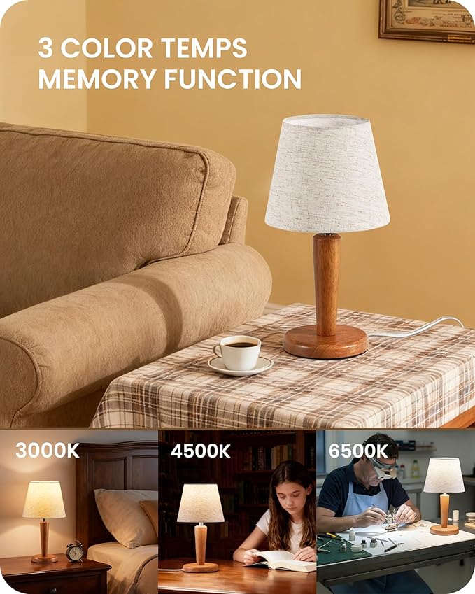 12”Wood Bedside Table Lamps Set of 2, Small Desk Lamps for Small Places, 3 Color Temperatures with Memory,Beige Linen Shade & E26 Bulbs, for Bedroom Living Room Office LE13TLP205