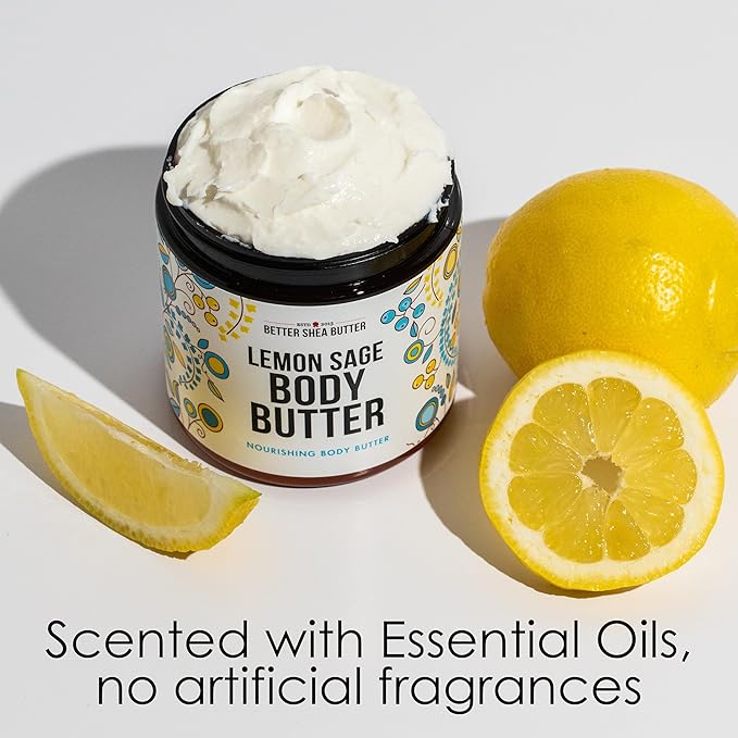 Lemon Sage Body Butter - Whipped Organic Shea Butter with Jojoba Oil and Essential Oils, Natural Lotion for Women and Men, Lemon Scented Moisturizer with No Synthetic Fragrances