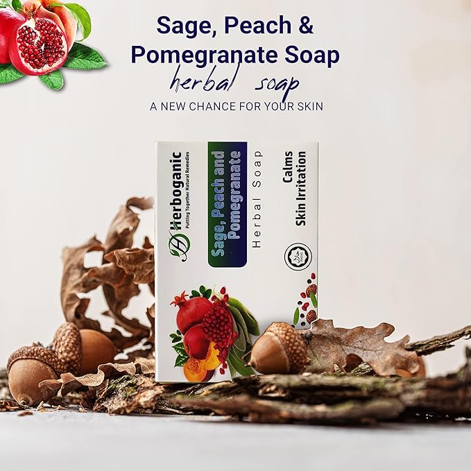 HERBOGANIC Sage Peach and Pomegranate Herbal Soap | Pack of 6 of 5oz soap Bar | Ideal for Men and Women, Soothing and Nourishing Soap for Moisturization