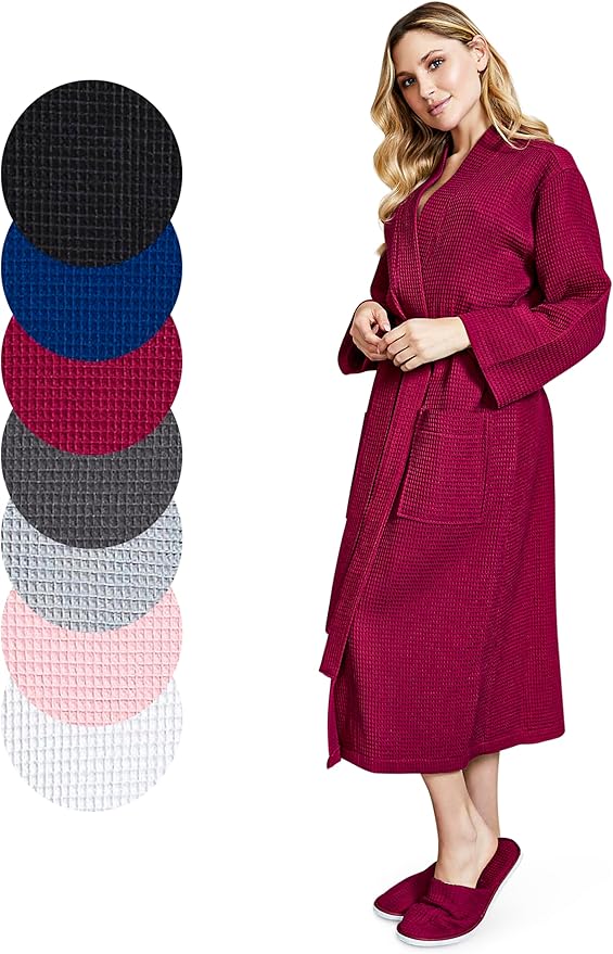 Lotus Linen Waffle Robes for Women - Lightweight Cotton Kimono Bathrobe - Long Soft Spa Bath Robe