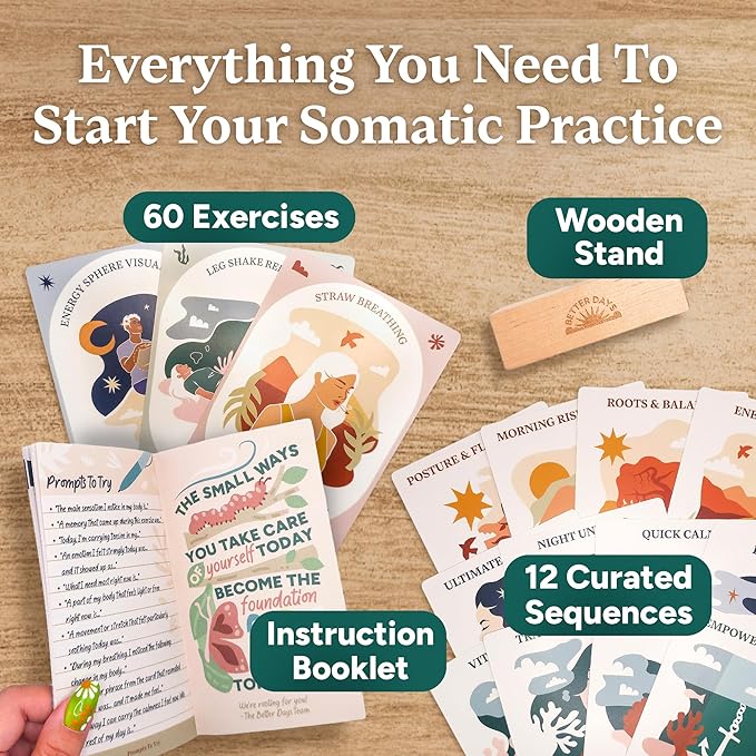 Better Days Somatic Therapy Exercises – 60 Techniques to Soothe Stress, Reconnect with Your Body, and Find Comfort – 3.5” x 5” Cards and Guidebook – Breathwork, Mindfulness, and Gentle Movements