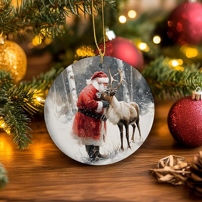 Christmas Santa Reindeer Ceramic Ornament Gifts, Rustic Winter Santa Claus Reindeer Decorative Hanging Ornaments for Xmas Tree Holiday Party Decoration, Winter Xmas Tree Decorations